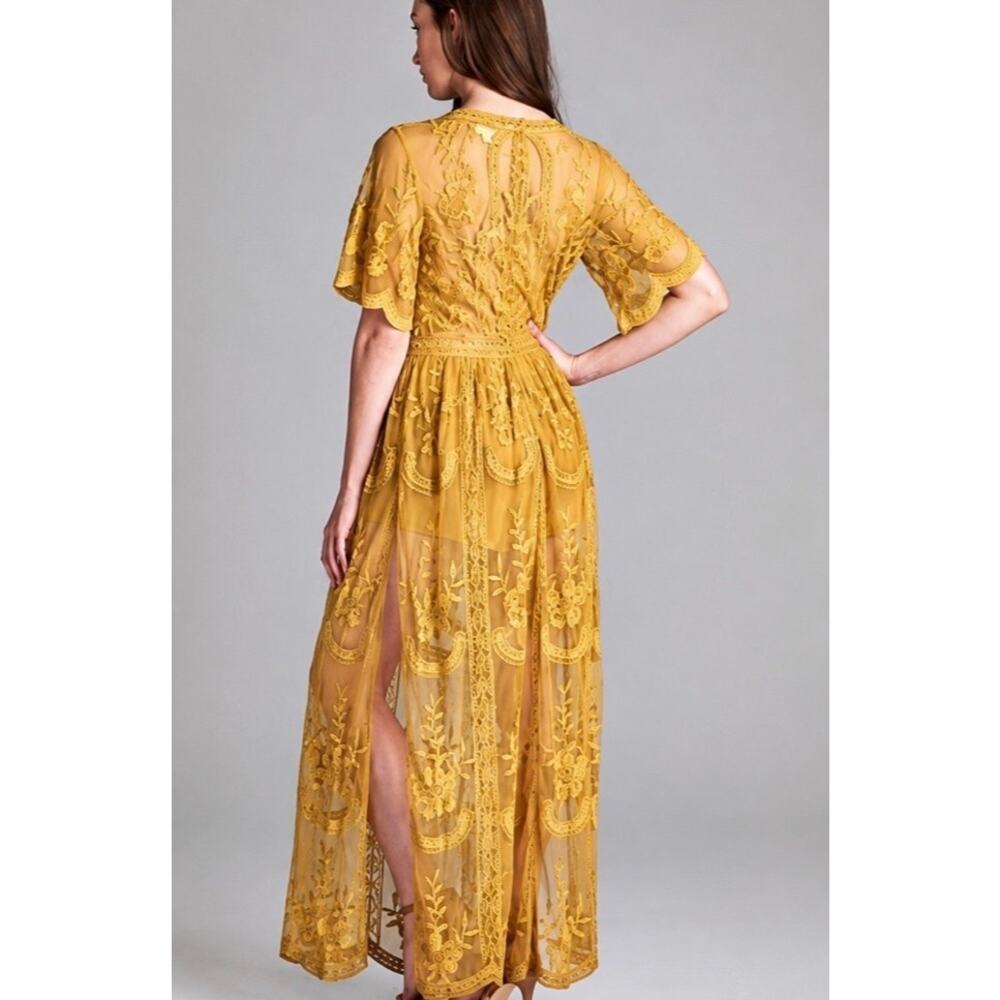 Wild Honey Mustard Yellow Lace Sheer Maxi Romper Dress Overlay Boho Size Small - Picture 2 of 15